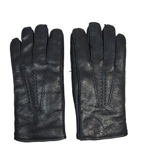 Vintage Women's Black Leather Gloves With White Fleece Lining Size Large